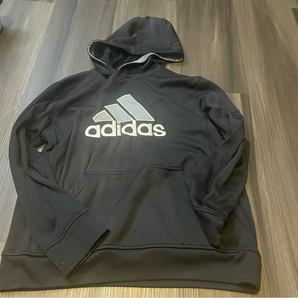 Adidas Youth Boys Size 10-12 Black Long Sleeve Hoodie Pullover Sweatshirt